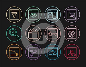 Set line Server, Data, Browser setting, Web developer programming code, window, Magnifying glass with check mark, Secure