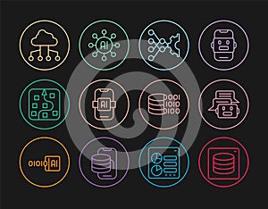 Set line Server, Data, Chat bot, Neural network, Artificial intelligence AI, Network cloud connection, Binary code and