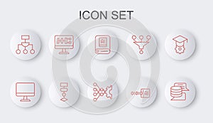 Set line Server, Data, Computer monitor, Artificial intelligence AI, Binary code, Algorithm, and Neural network icon