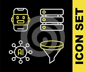 Set line Server, Data, Funnel or filter, Neural network and Chat bot icon. Vector