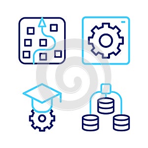 Set line Server, Data, Graduation cap, Computer api interface and Neural network icon. Vector