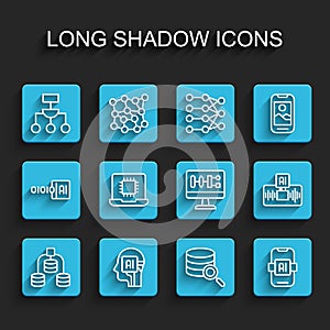 Set line Server, Data, Humanoid robot, Algorithm, Artificial intelligence AI, Processor CPU, and icon. Vector