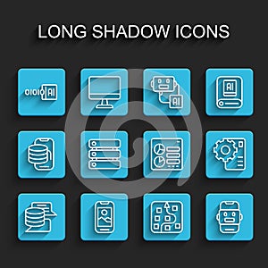 Set line Server, Data, Mobile phone, Binary code, Neural network, Chat bot, and Computer api interface icon. Vector