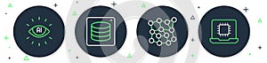 Set line Server, Data, Neural network, Artificial intelligence AI and Processor CPU icon. Vector