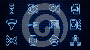 Set line Server, Data, Neural network, Binary code, Funnel filter, Algorithm, and icon. Vector