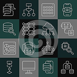 Set line Server, Data, Processor CPU, Artificial intelligence robot, Binary code, Neural network, and Network cloud