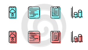 Set line Server, Data report, Cloud technology data transfer, Software and analysis icon. Vector