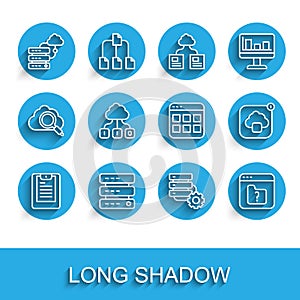 Set line Server, Data report, Data, Web Hosting, Network cloud connection, and gear, File missing, Cloud technology data