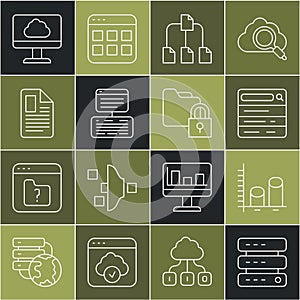 Set line Server, Data, Web Hosting, analysis, Search engine, Folder tree, File document, Cloud technology data transfer