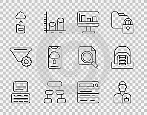 Set line Server, Data, Web Hosting, Analyst engineer, Monitor with graph chart, Hierarchy organogram, Cloud technology