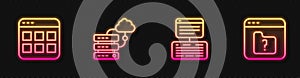 Set line Server, Data, Web Hosting, Browser files, Network cloud connection and File missing. Glowing neon icon. Vector