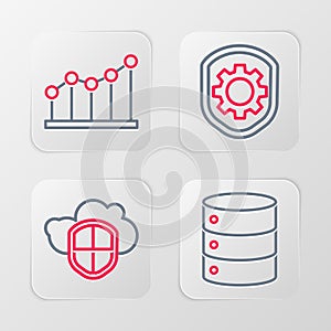 Set line Server, Data, Web Hosting, Cloud and shield, Shield with settings gear and Pie chart infographic icon. Vector
