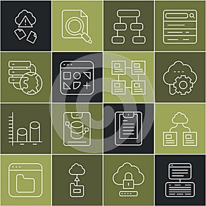 Set line Server, Data, Web Hosting, Cloud technology data transfer, Hierarchy organogram chart, Different files, Network