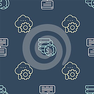Set line Server, Data, Web Hosting, Cloud technology data transfer and Network cloud connection on seamless pattern