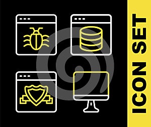 Set line Server, Data, Web Hosting, Computer monitor screen, Browser with shield and System bug icon. Vector