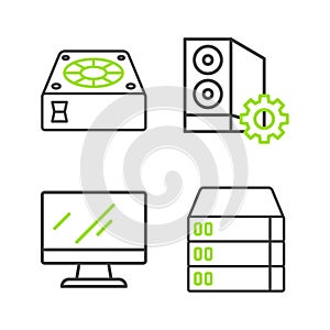 Set line Server, Data, Web Hosting, Computer monitor screen, Case of computer and cooler icon. Vector
