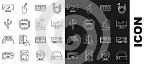 Set line Server, Data, Web Hosting, Computer monitor, screen, RAM, random access memory, Processor with CPU, USB, and