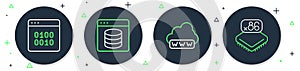 Set line Server, Data, Web Hosting, development, Binary code and Processor with microcircuits CPU icon. Vector