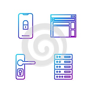 Set line Server, Data, Web Hosting, Door handle, Mobile with closed padlock and Website template. Gradient color icons