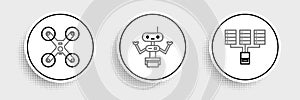 Set line Server, Data, Web Hosting, Drone flying and Robot icon. Vector
