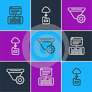 Set line Server, Data, Web Hosting, Filter setting and Cloud technology data transfer icon. Vector