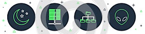 Set line Server, Data, Web Hosting, Folder tree, Moon and stars and Alien icon. Vector
