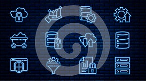 Set line Server, Data, Web Hosting, and gear, security with lock, Coal mine trolley, Cloud computing, download upload