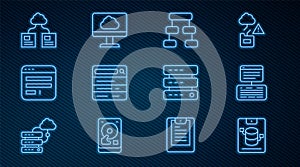 Set line Server, Data, Web Hosting, Hierarchy organogram chart, Search engine, Browser window, Cloud technology data