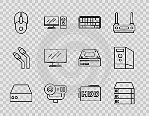 Set line Server, Data, Web Hosting, Keyboard, camera, Computer mouse, monitor screen, Hard disk drive HDD and Case of