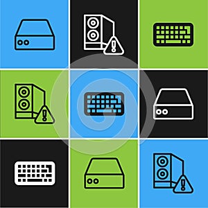 Set line Server, Data, Web Hosting, Keyboard and Case of computer icon. Vector