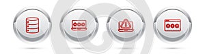 Set line Server, Data, Web Hosting, Laptop with password, exclamation mark and Password protection. Silver circle button