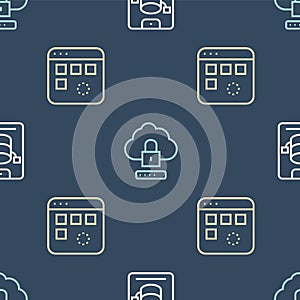 Set line Server, Data, Web Hosting, Loading data window and Cloud computing lock on seamless pattern. Vector