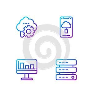 Set line Server, Data, Web Hosting, Monitor with graph chart, Cloud technology data transfer and . Gradient color icons