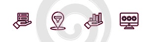Set line Server, Data, Web Hosting, Pie chart infographic, Location with sales funnel and Monitor password icon. Vector