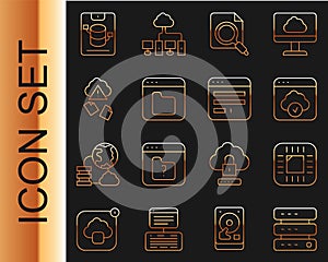 Set line Server, Data, Web Hosting, Processor with CPU, Cloud technology data transfer, Search concept folder, Browser