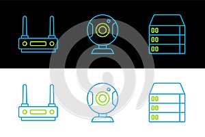 Set line Server, Data, Web Hosting, Router and wi-fi signal and camera icon. Vector