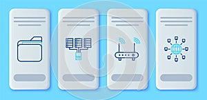 Set line Server, Data, Web Hosting, Router and wi-fi signal, Document folder and Social network icon. Vector