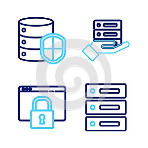 Set line Server, Data, Web Hosting, Secure your site with HTTPS, SSL, and shield icon. Vector