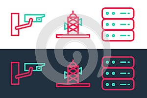 Set line Server, Data, Web Hosting, Security camera and Antenna icon. Vector