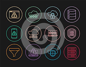 Set line Server, Data, Web Hosting, with shield, Cloud computing lock, Network cloud connection, Mobile exclamation mark