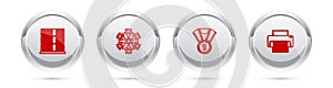 Set line Server, Data, Web Hosting, Snowflake, Medal and Printer. Silver circle button. Vector