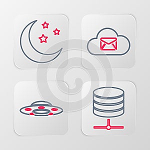 Set line Server, Data, Web Hosting, UFO flying spaceship, Cloud mail server and Moon and stars icon. Vector