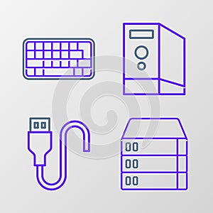 Set line Server, Data, Web Hosting, USB cable cord, Case of computer and Keyboard icon. Vector