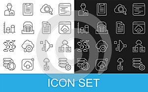 Set line Server and gear, Cloud technology data transfer, Search cloud computing, Hangar with servers, Data analysis