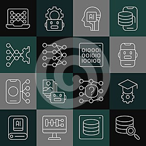 Set line Server, Graduation cap, Chat bot, Humanoid robot, Neural network, and Binary code icon. Vector