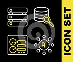 Set line Server, Neural network, Computer api interface and Data icon. Vector