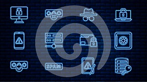Set line Server security with key, Safe, Incognito mode, Server, Data, Web Hosting, Mobile exclamation mark, Lock