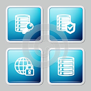 Set line Server security with key, shield, Global lockdown and Server, Data, Web Hosting icon. Vector