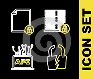 Set line Server security with lock, Broken or cracked, Computer api interface and Document and icon. Vector