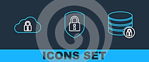 Set line Server security with lock, Cloud computing and Shield icon. Vector